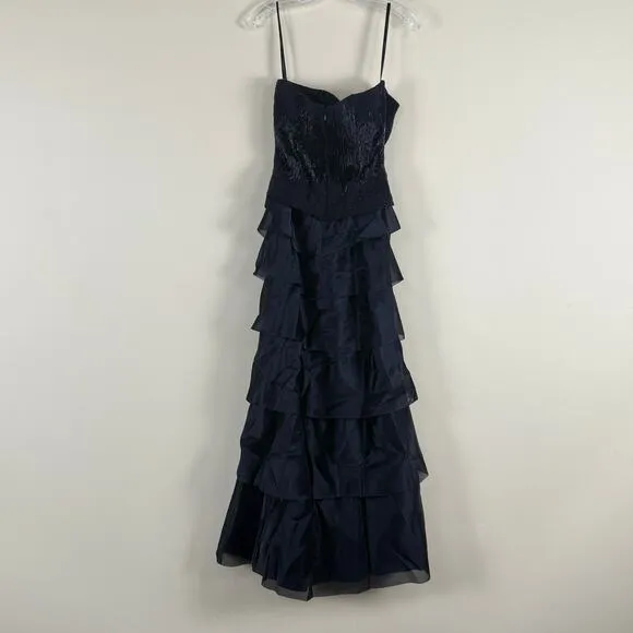 Jovani Black Tiered Ruffle Gown with Beaded Bodice Formal Evening Dress Sz 6
