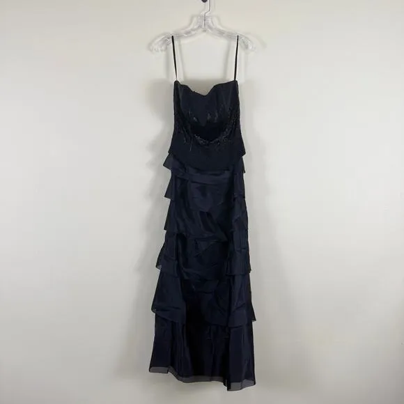 Jovani Black Tiered Ruffle Gown with Beaded Bodice Formal Evening Dress Sz 6