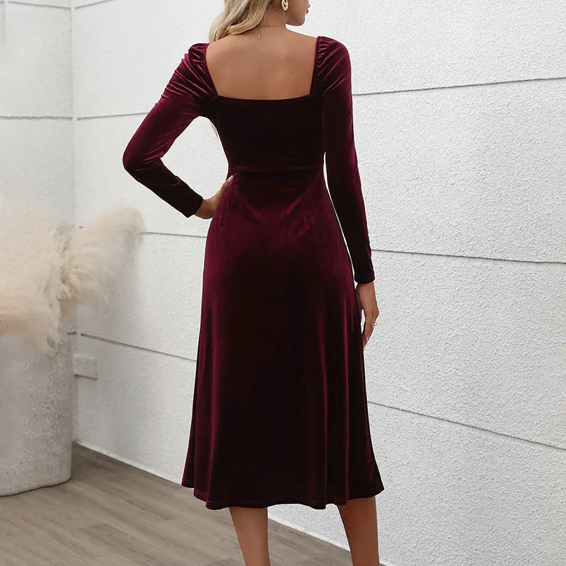 Luxurious Velvet Long Sleeve Slit Party Dress for Autumn and Winter Glamour