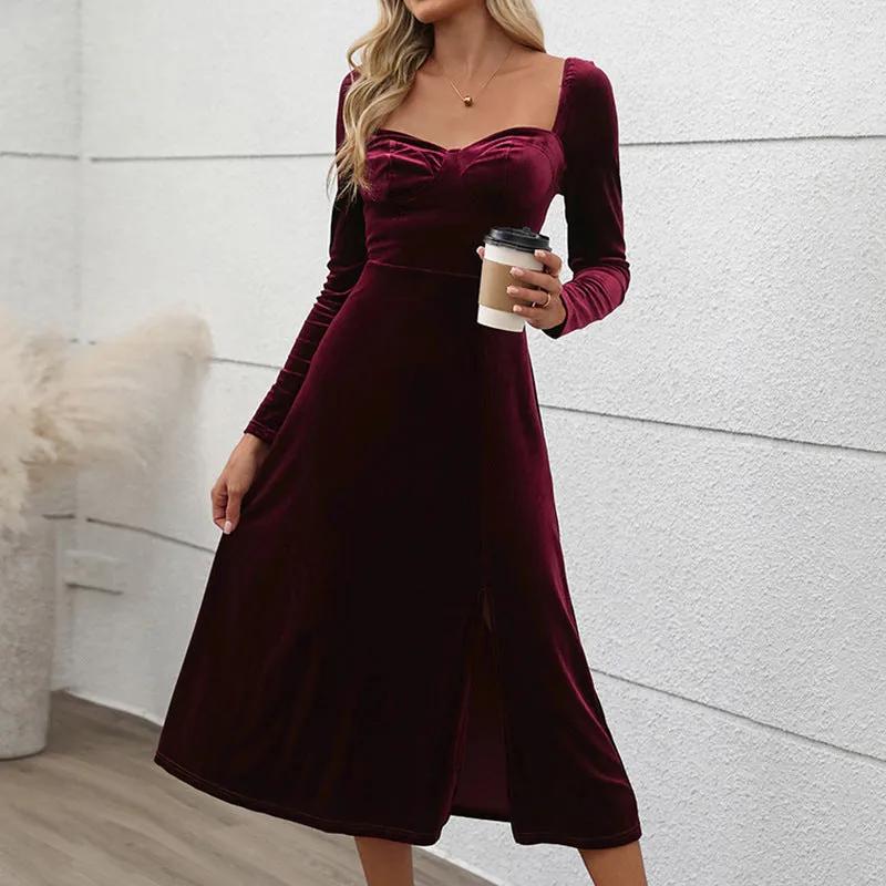 Luxurious Velvet Long Sleeve Slit Party Dress for Autumn and Winter Glamour