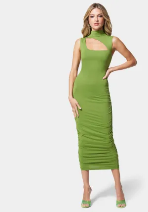 Mock Neck Shirred Midi Dress