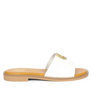 Nala White Leather Flat Sandals