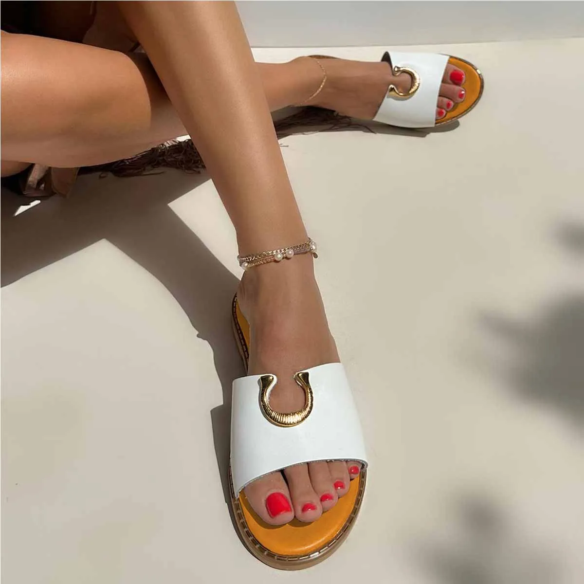 Nala White Leather Flat Sandals