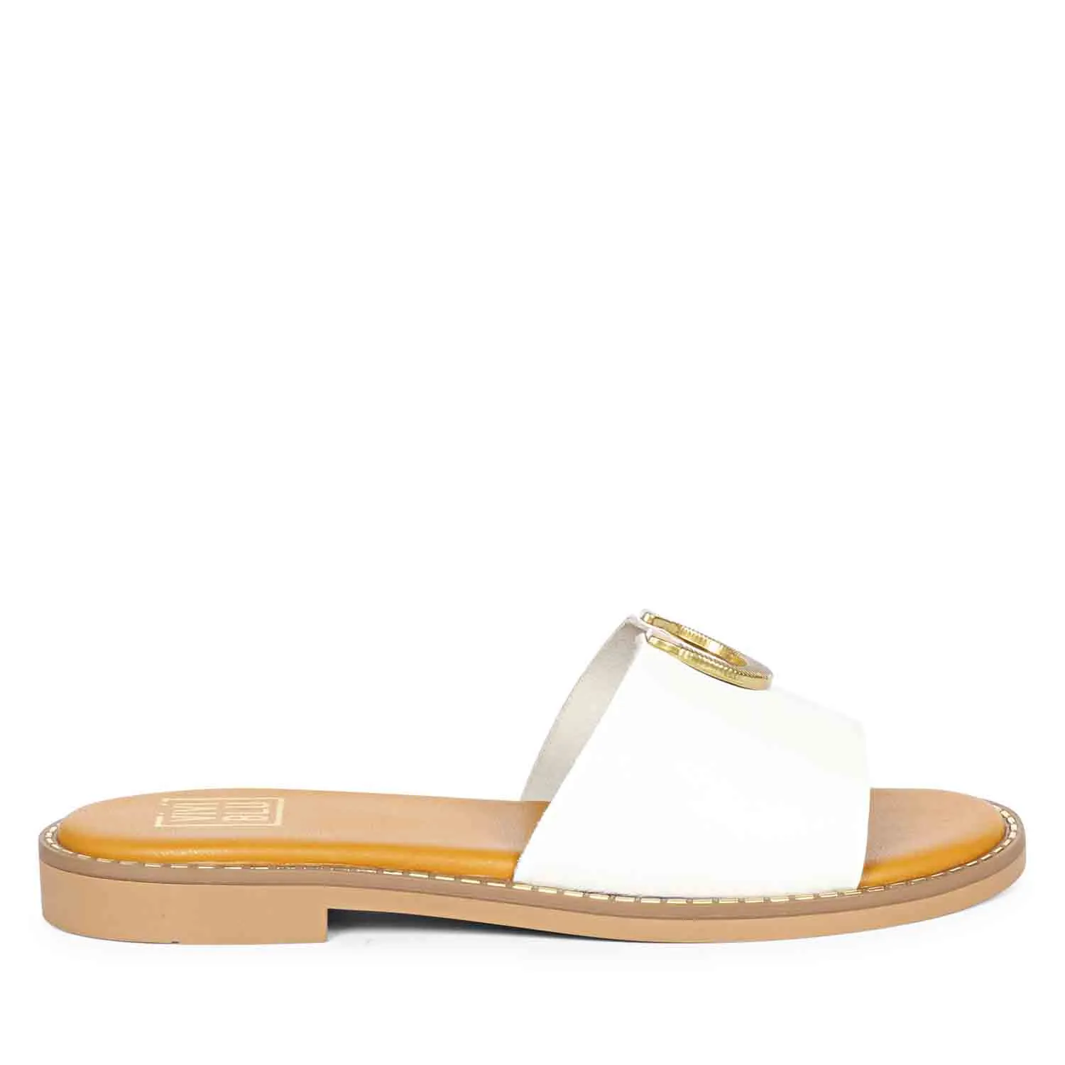 Nala White Leather Flat Sandals