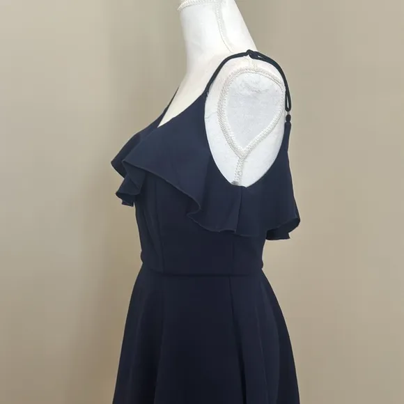Navy Blue Dress with Spaghetti Straps and Ruffle at Bustline
