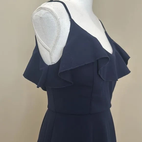 Navy Blue Dress with Spaghetti Straps and Ruffle at Bustline