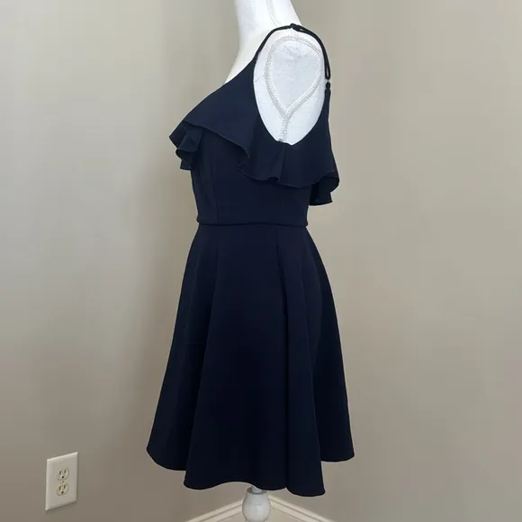 Navy Blue Dress with Spaghetti Straps and Ruffle at Bustline