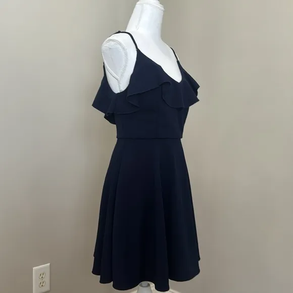 Navy Blue Dress with Spaghetti Straps and Ruffle at Bustline