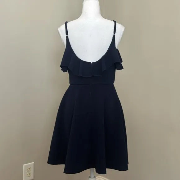 Navy Blue Dress with Spaghetti Straps and Ruffle at Bustline