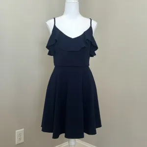 Navy Blue Dress with Spaghetti Straps and Ruffle at Bustline