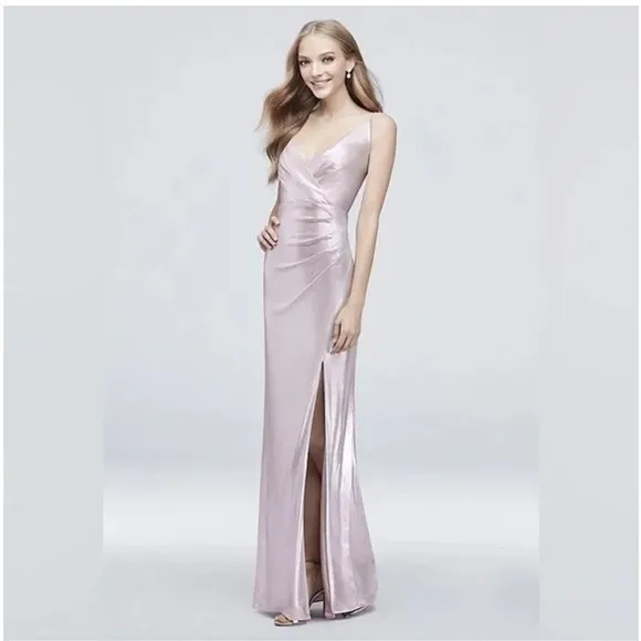 NWT David Bridal V-Neck Foiled Jersey Sheath Dress With Pleats Dusty Rose Size 4
