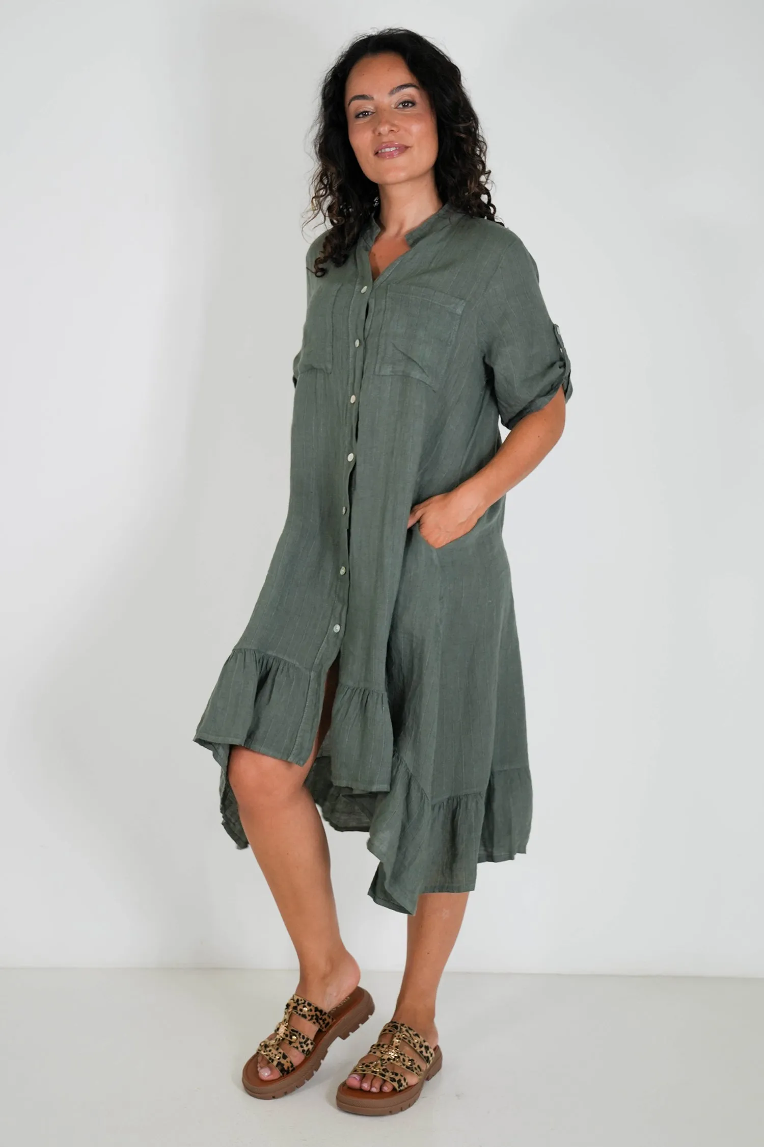 Olive Striped Linen Dress