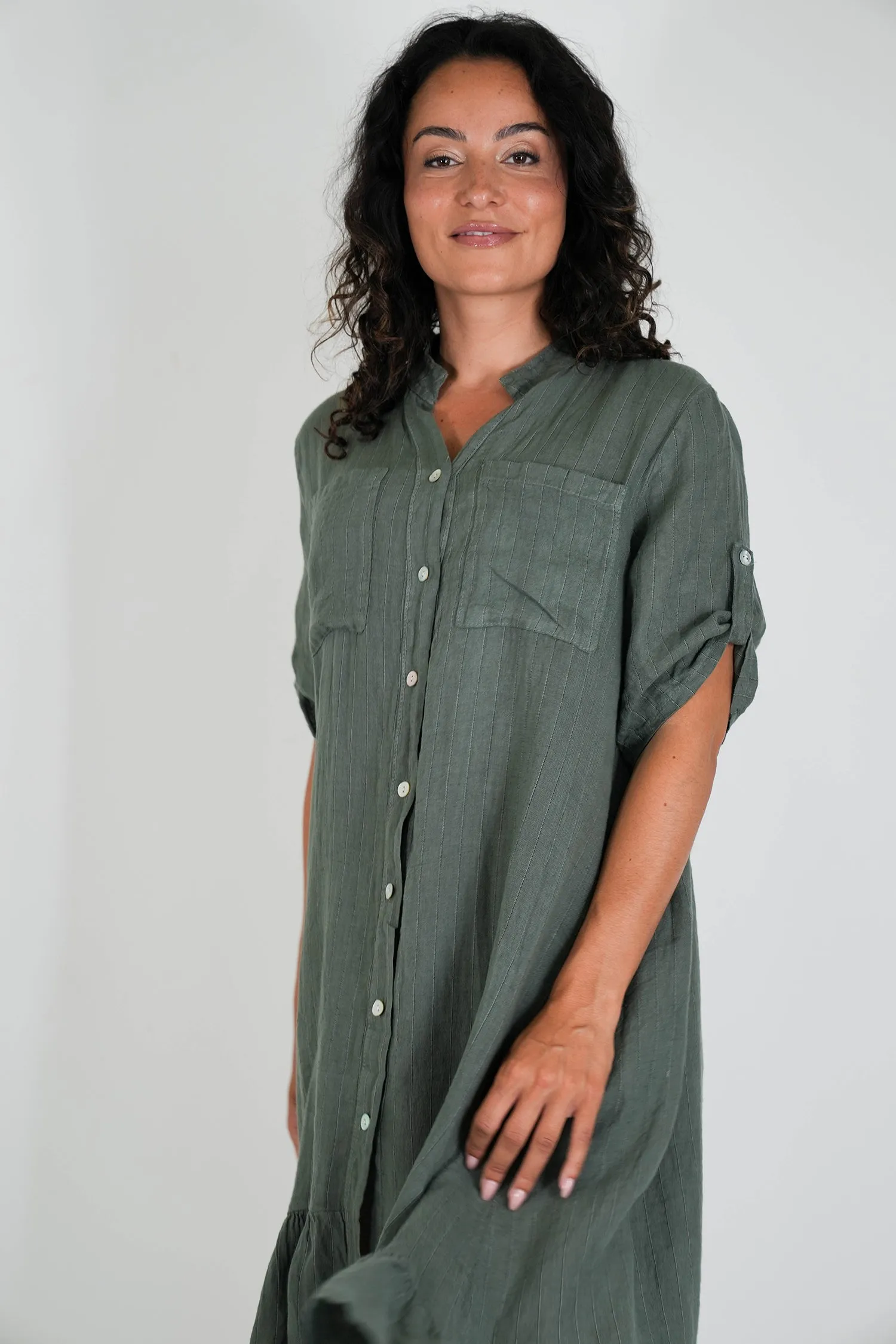 Olive Striped Linen Dress