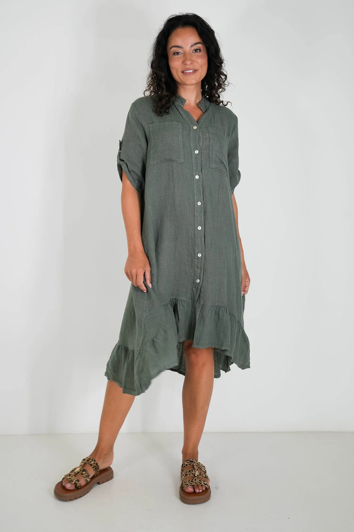 Olive Striped Linen Dress