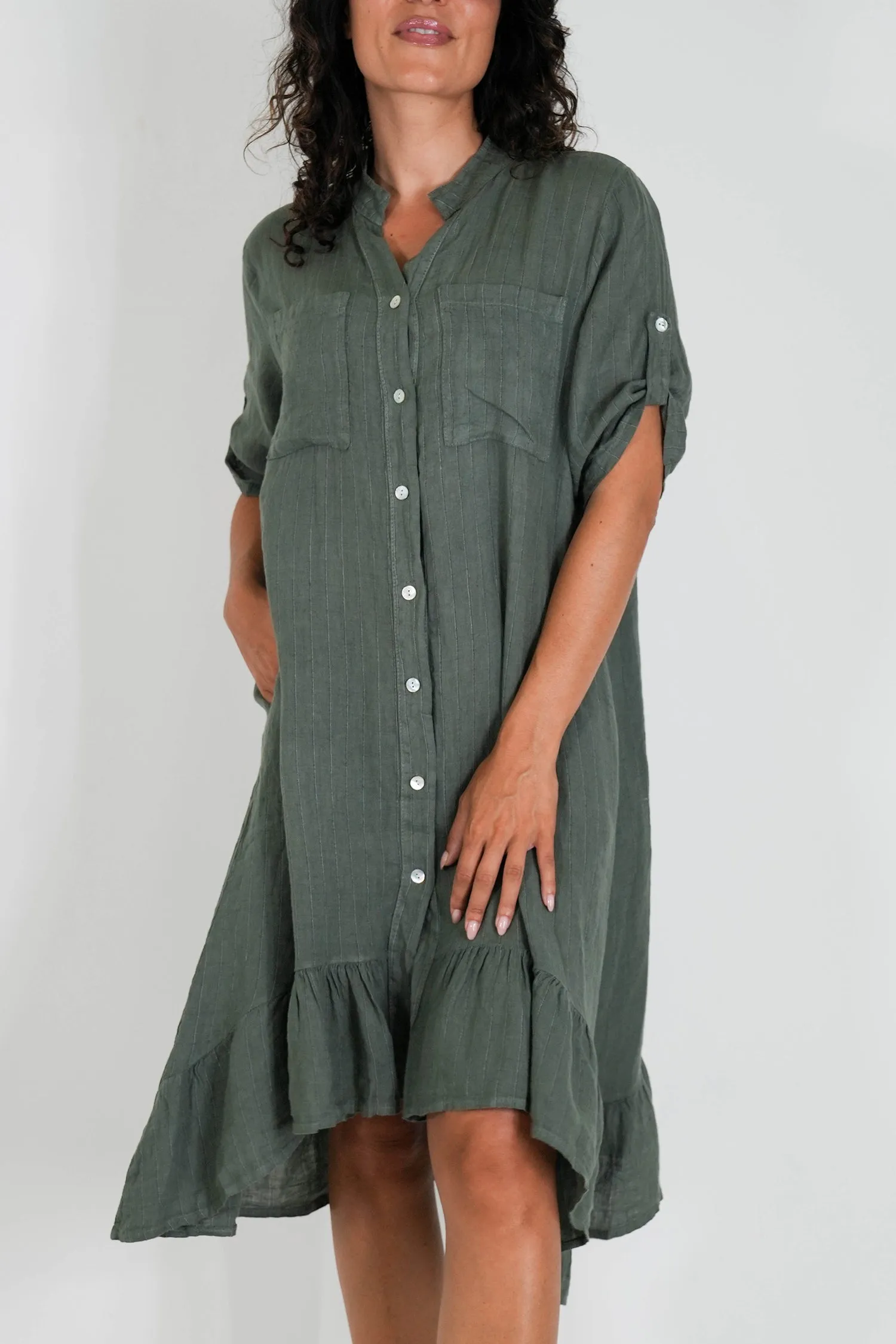 Olive Striped Linen Dress