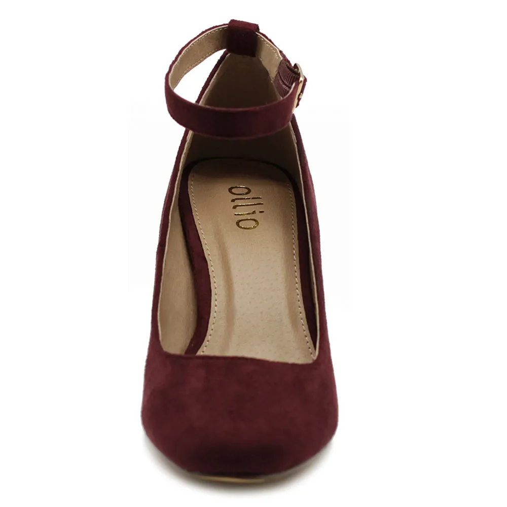Ollio Womens Shoe Faux Suede Basic Chunky Mid Heel Ankle Strap Pumps
