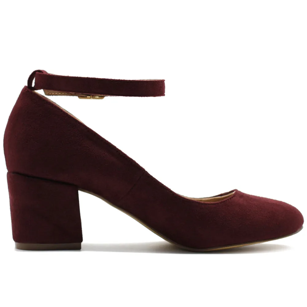 Ollio Womens Shoe Faux Suede Basic Chunky Mid Heel Ankle Strap Pumps