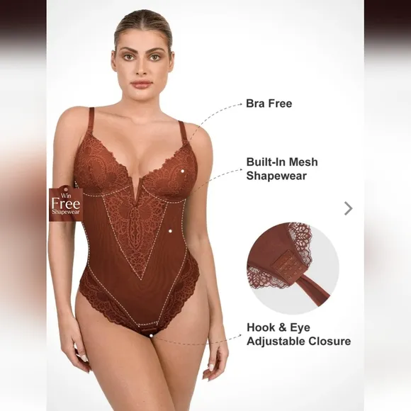 Popilush Shapewear Lace Deep V-Neck Sculpting Thong Bodysuit. NEW!