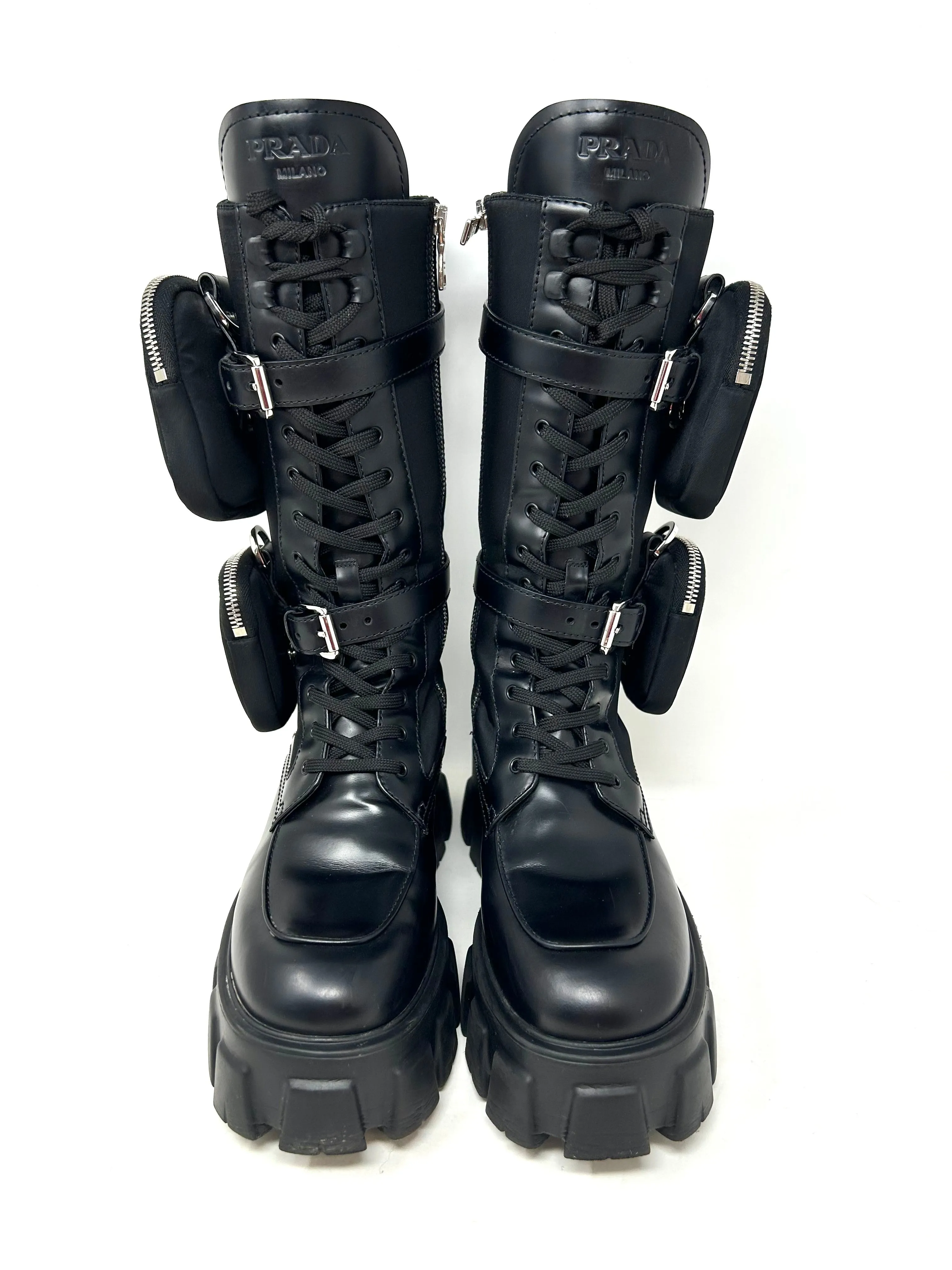 Prada Monolith Black Leather And Nylon Tall Combat Boots 39 UK 6