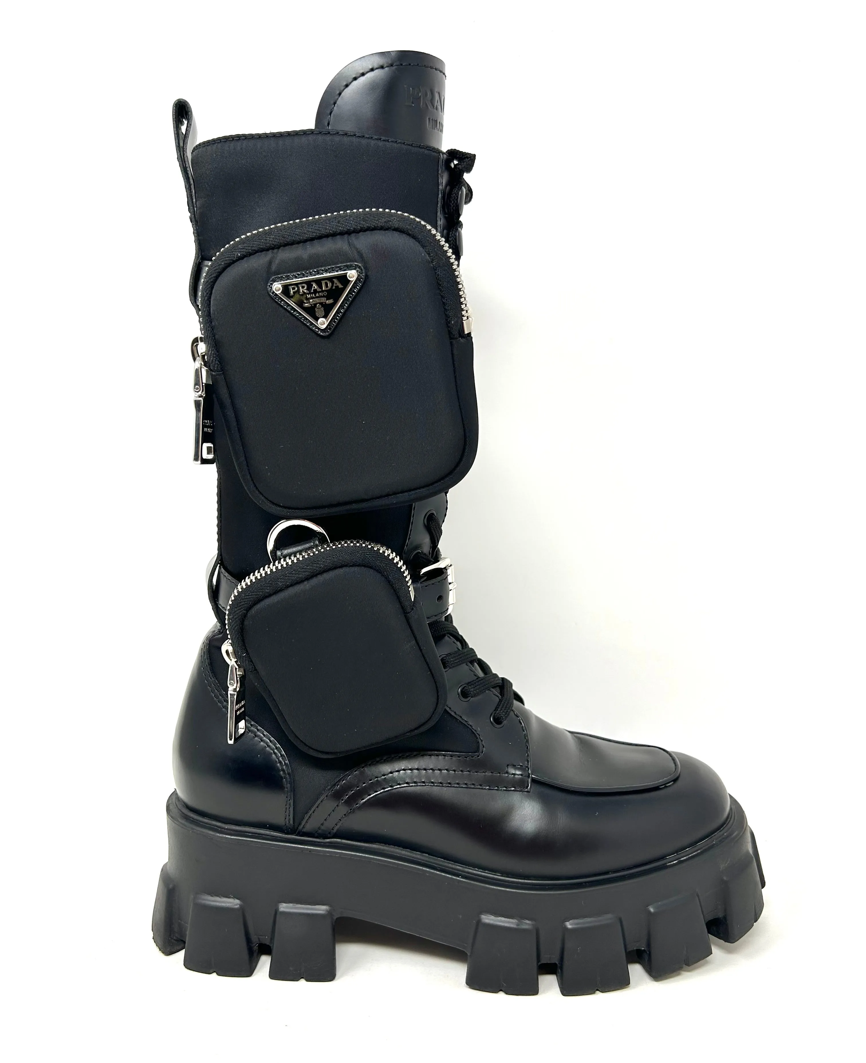 Prada Monolith Black Leather And Nylon Tall Combat Boots 39 UK 6