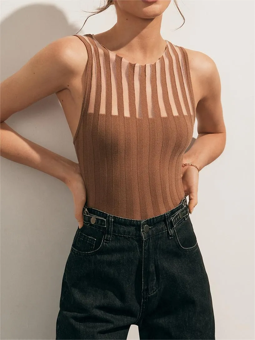 Ribbed Knit Top with Sheer Stripe Detail