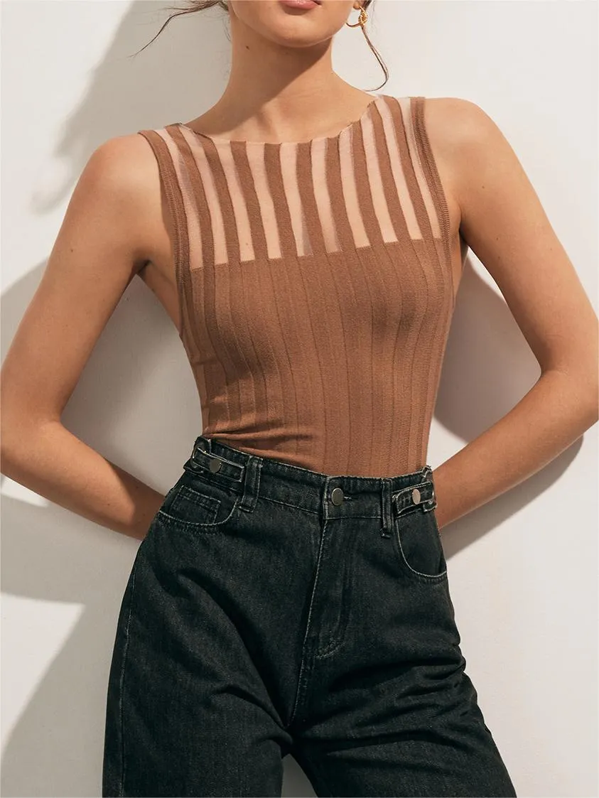 Ribbed Knit Top with Sheer Stripe Detail