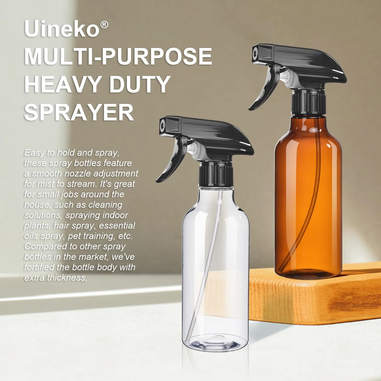 Spray Bottles 2-Pack, 10 Oz, Mist & Stream, Heavy Duty Spraying Empty Water Sprayer Bottle, BPA Free Plastic Refillable Containers for Cleaning Solutions, Plants, Hair, Essential Oils (Clear & Amber)