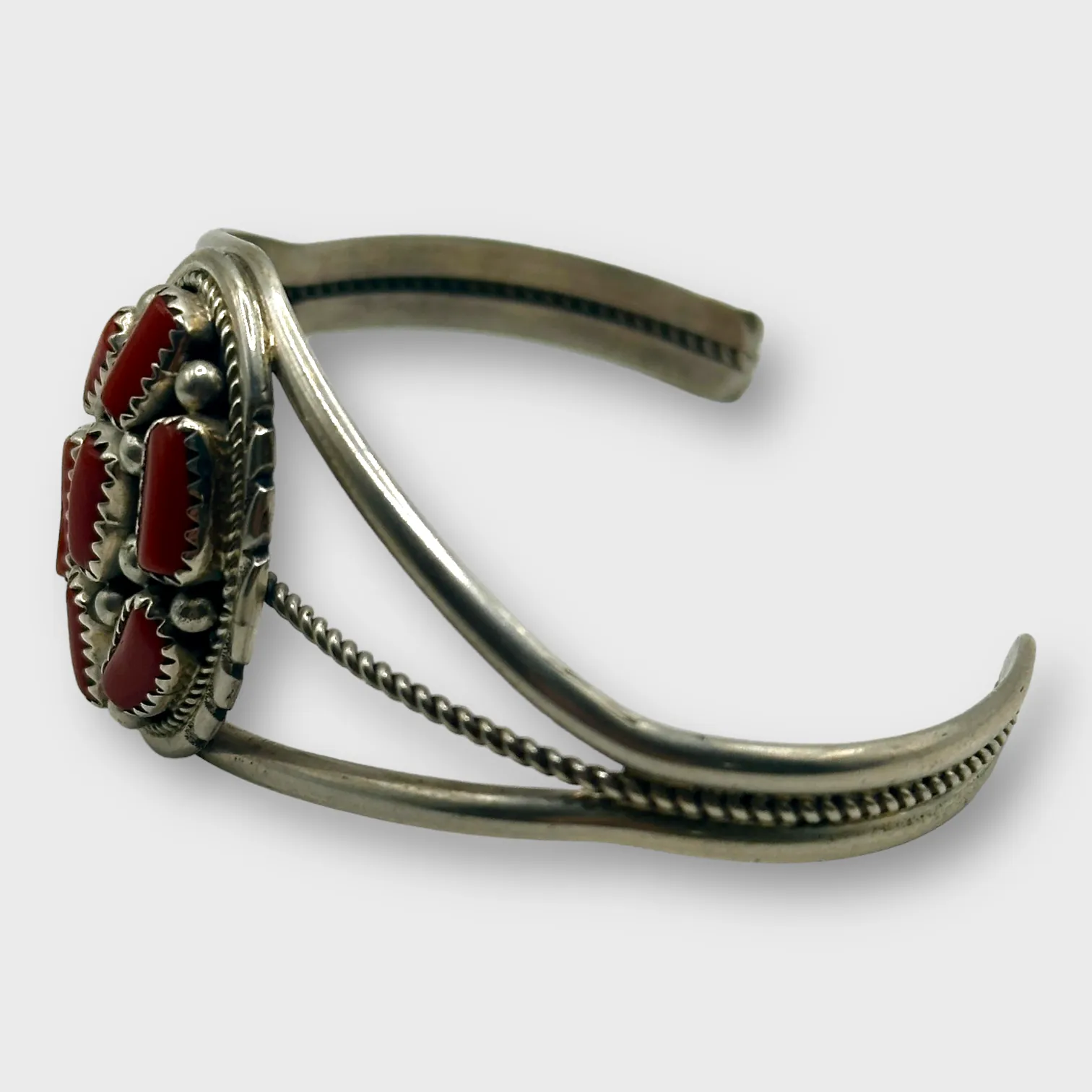 Sterling Silver Navajo Handmade 7 Coral Stone Breathable Cuff Bracelet