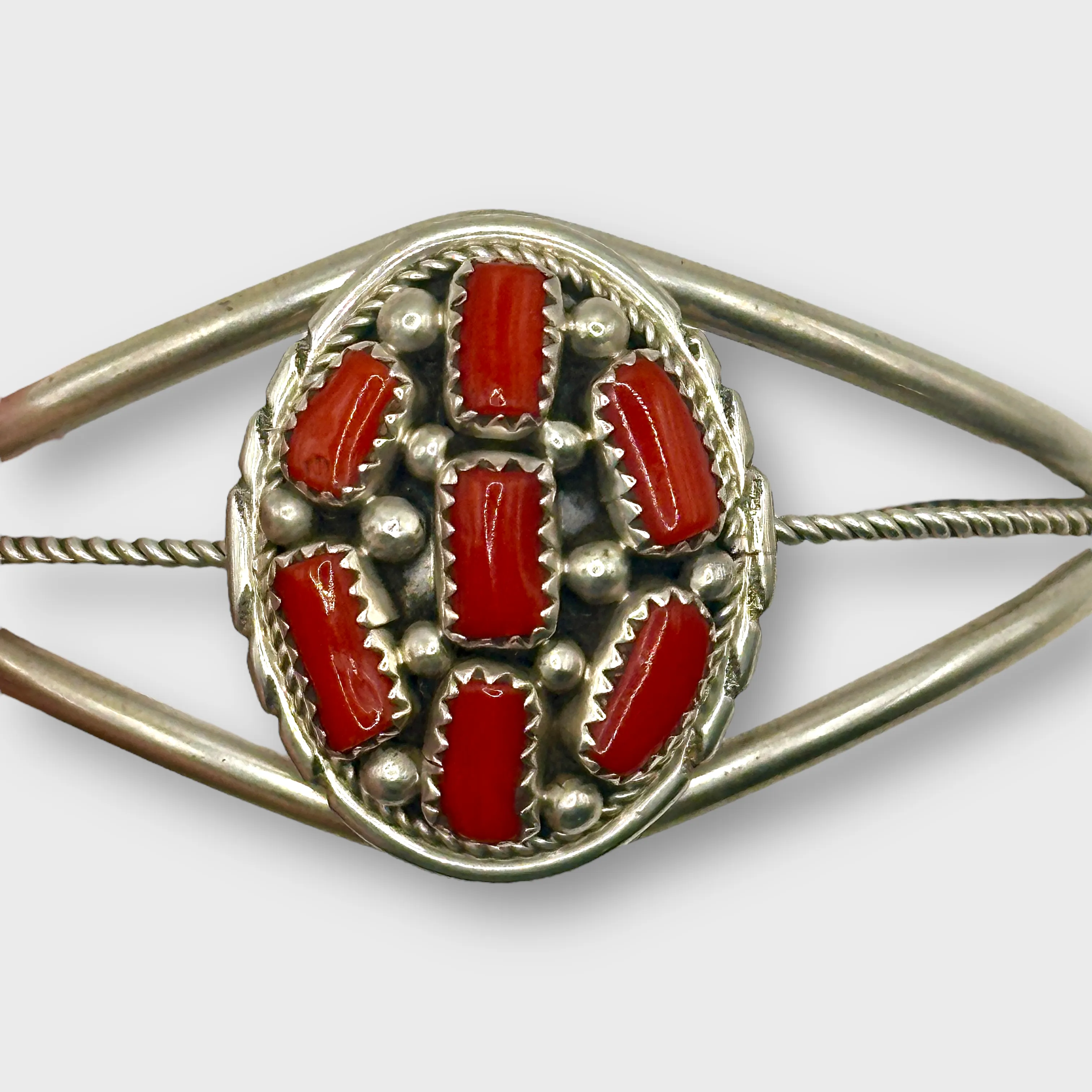 Sterling Silver Navajo Handmade 7 Coral Stone Breathable Cuff Bracelet
