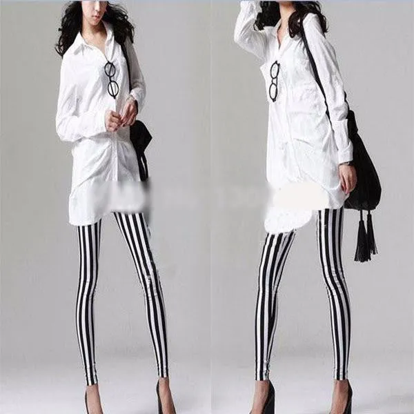 Stylish Women's Cool Vertical Striped Stretchy Skinny Leggings Pants