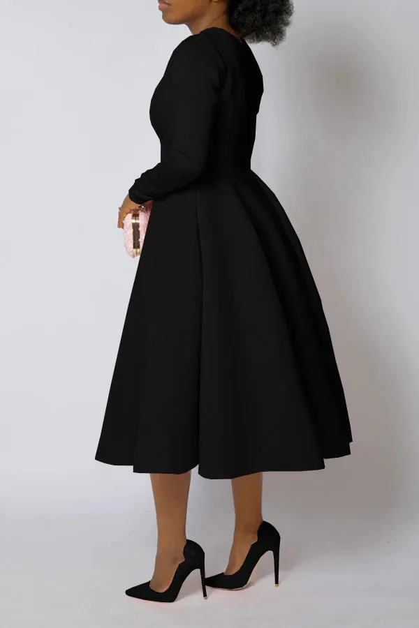 Timeless Solid Round Neck Long Sleeve A-Line Dress for Effortless Elegance