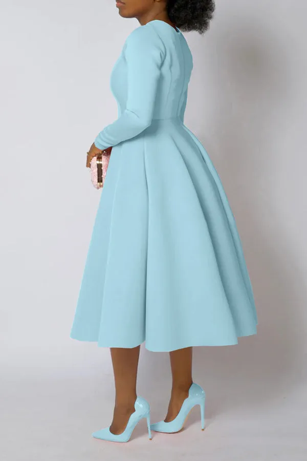 Timeless Solid Round Neck Long Sleeve A-Line Dress for Effortless Elegance