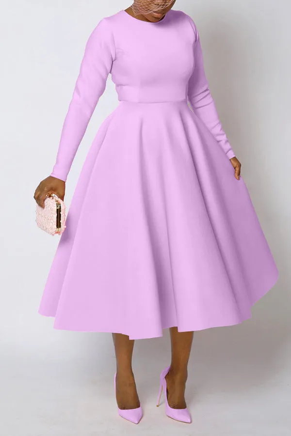 Timeless Solid Round Neck Long Sleeve A-Line Dress for Effortless Elegance