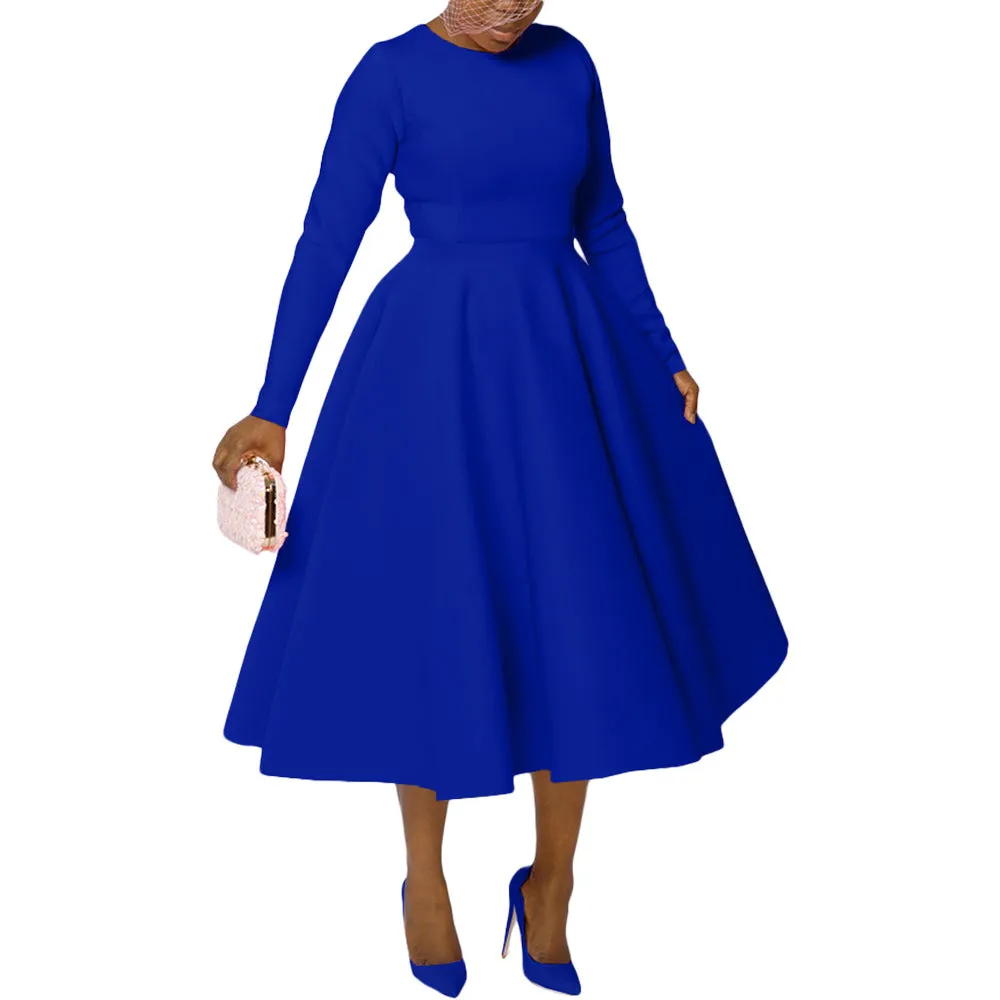 Timeless Solid Round Neck Long Sleeve A-Line Dress for Effortless Elegance