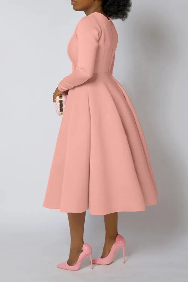 Timeless Solid Round Neck Long Sleeve A-Line Dress for Effortless Elegance