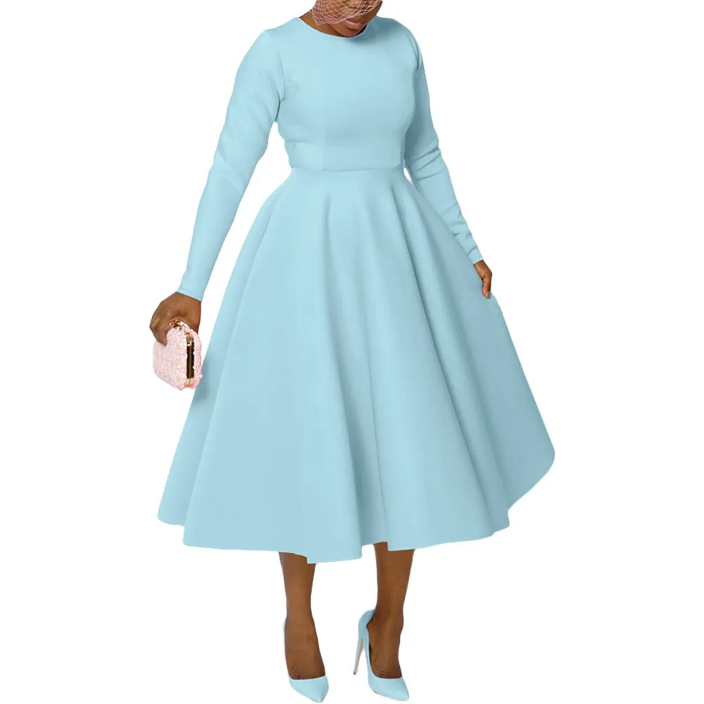 Timeless Solid Round Neck Long Sleeve A-Line Dress for Effortless Elegance