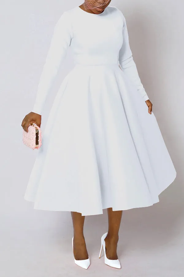 Timeless Solid Round Neck Long Sleeve A-Line Dress for Effortless Elegance