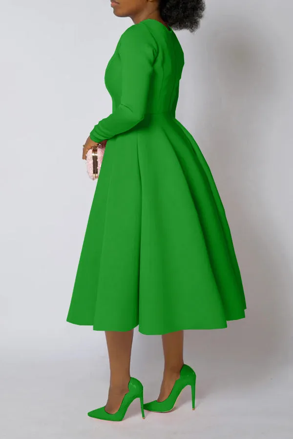 Timeless Solid Round Neck Long Sleeve A-Line Dress for Effortless Elegance