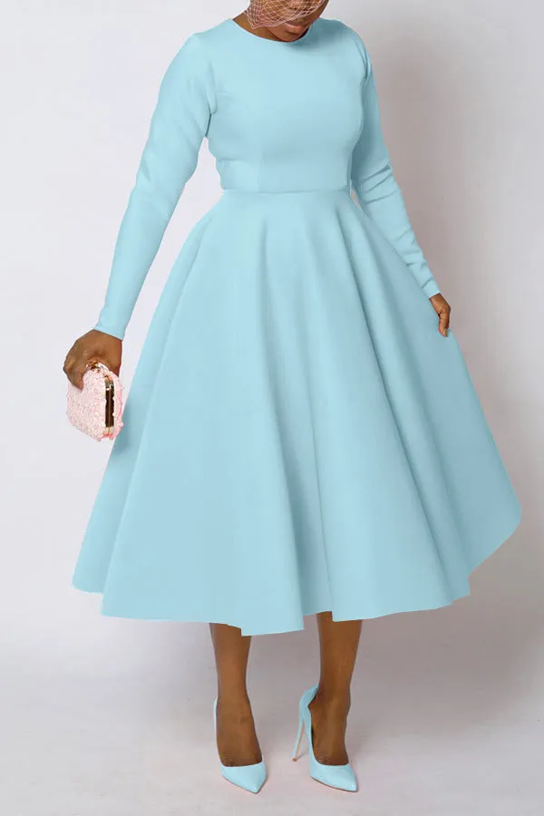 Timeless Solid Round Neck Long Sleeve A-Line Dress for Effortless Elegance