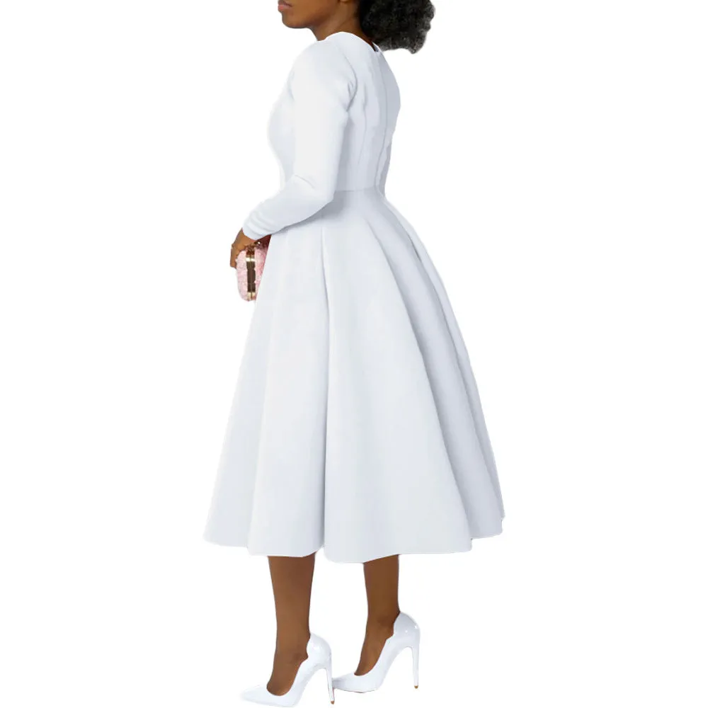 Timeless Solid Round Neck Long Sleeve A-Line Dress for Effortless Elegance
