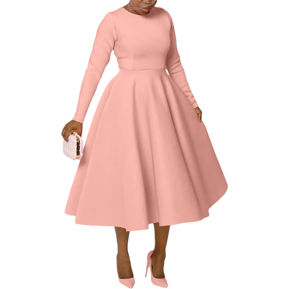 Timeless Solid Round Neck Long Sleeve A-Line Dress for Effortless Elegance