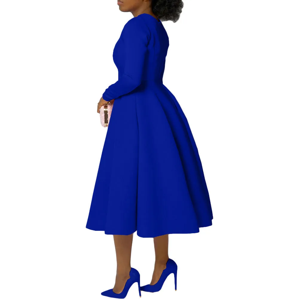 Timeless Solid Round Neck Long Sleeve A-Line Dress for Effortless Elegance