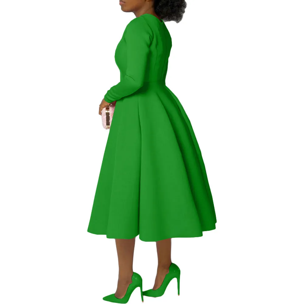 Timeless Solid Round Neck Long Sleeve A-Line Dress for Effortless Elegance