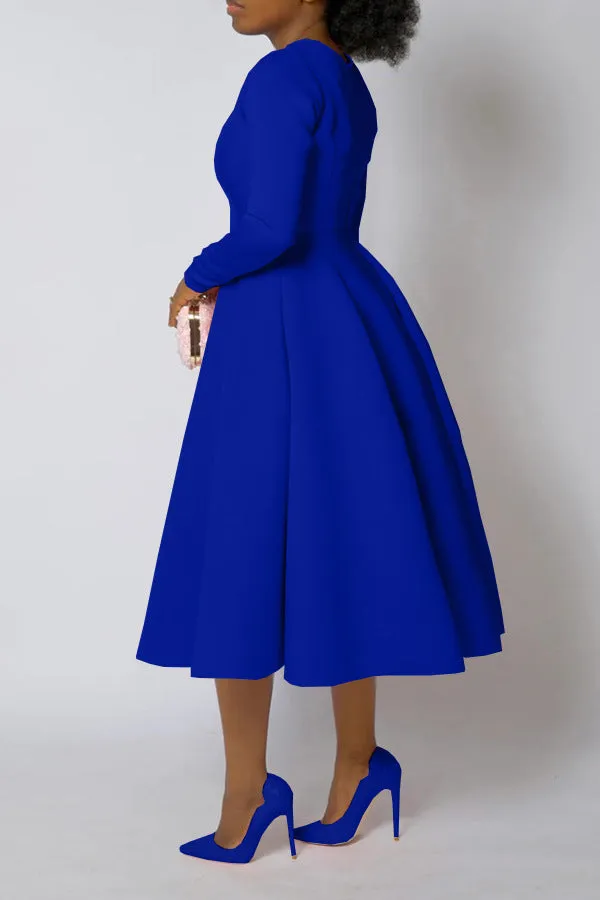 Timeless Solid Round Neck Long Sleeve A-Line Dress for Effortless Elegance