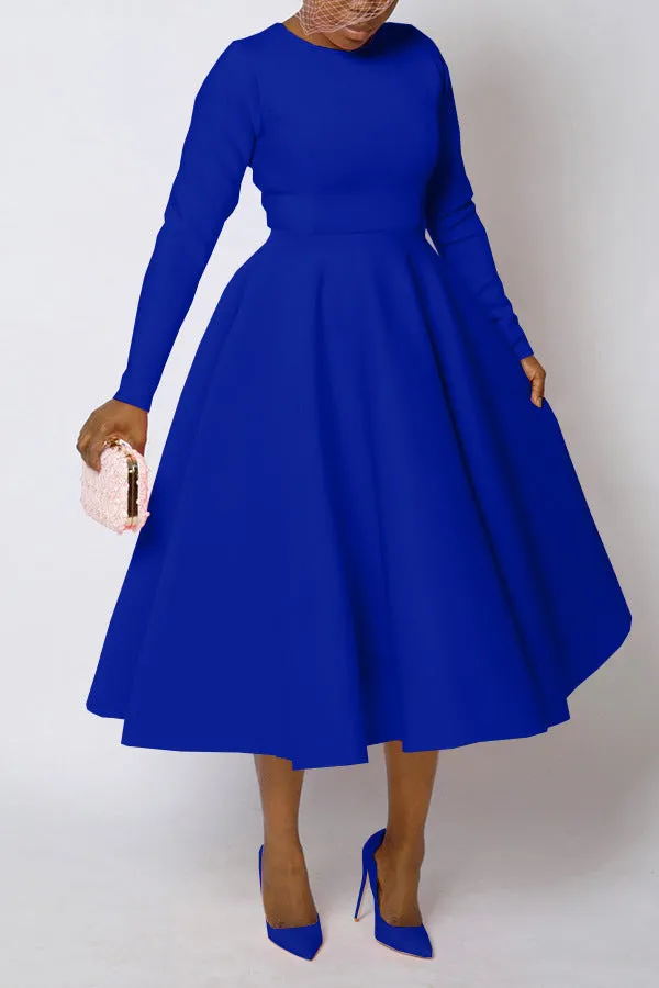Timeless Solid Round Neck Long Sleeve A-Line Dress for Effortless Elegance