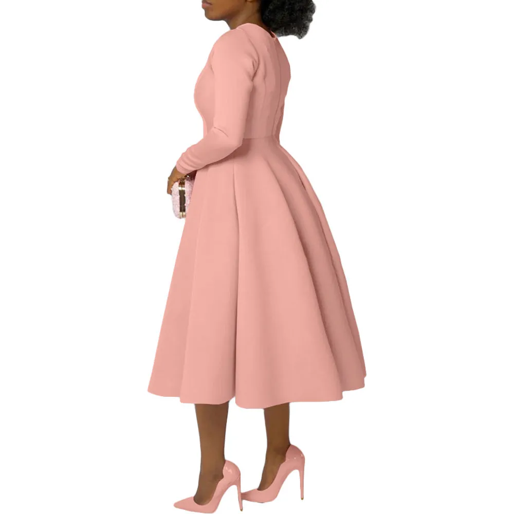 Timeless Solid Round Neck Long Sleeve A-Line Dress for Effortless Elegance
