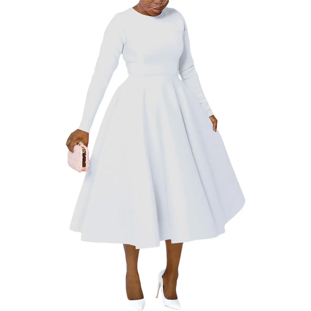 Timeless Solid Round Neck Long Sleeve A-Line Dress for Effortless Elegance