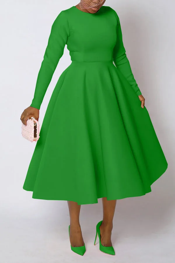 Timeless Solid Round Neck Long Sleeve A-Line Dress for Effortless Elegance