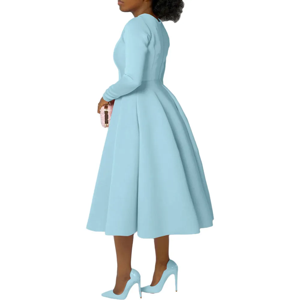 Timeless Solid Round Neck Long Sleeve A-Line Dress for Effortless Elegance