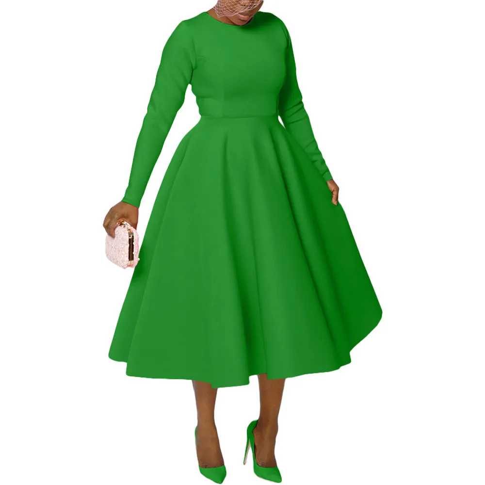 Timeless Solid Round Neck Long Sleeve A-Line Dress for Effortless Elegance